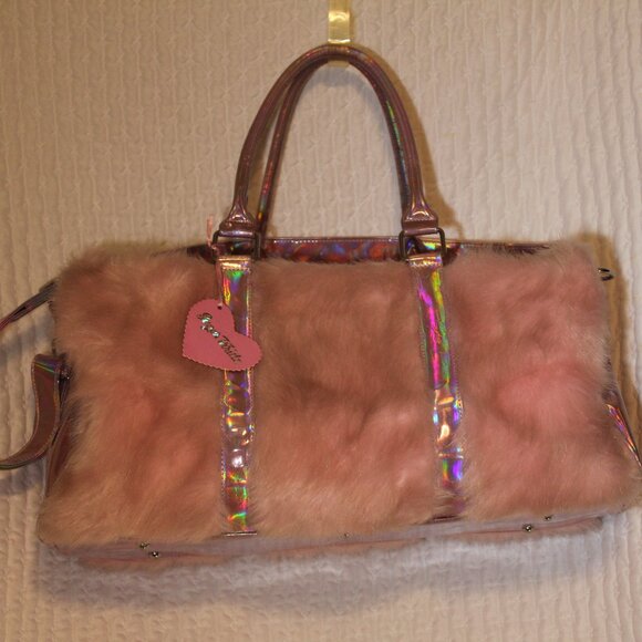 Dolls Kill Handbags - Dolls Kill Cotton Candy Pink Fuzzy Faux Fur Holographic Weekender Festival Bag